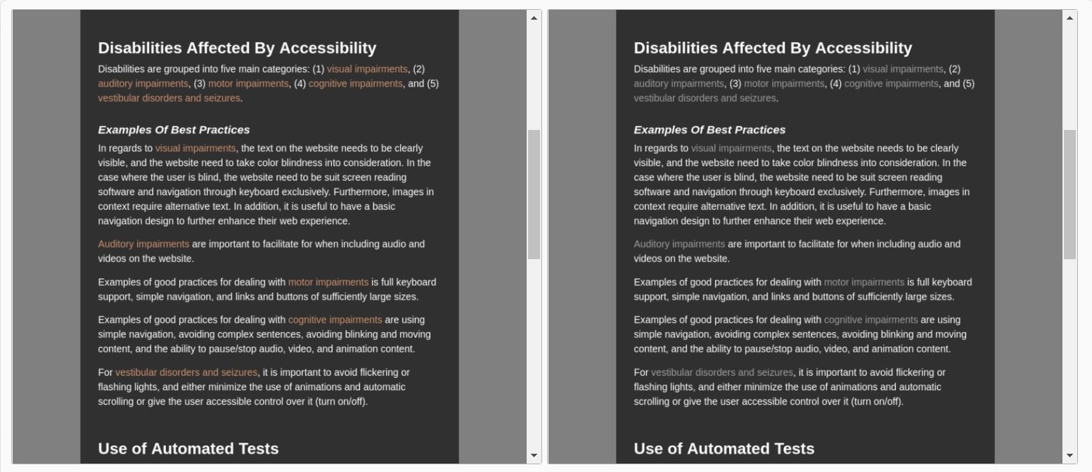 Normal and color filtered comparison of the accessibility page using the Colorblind Web Page Filter by Toptal